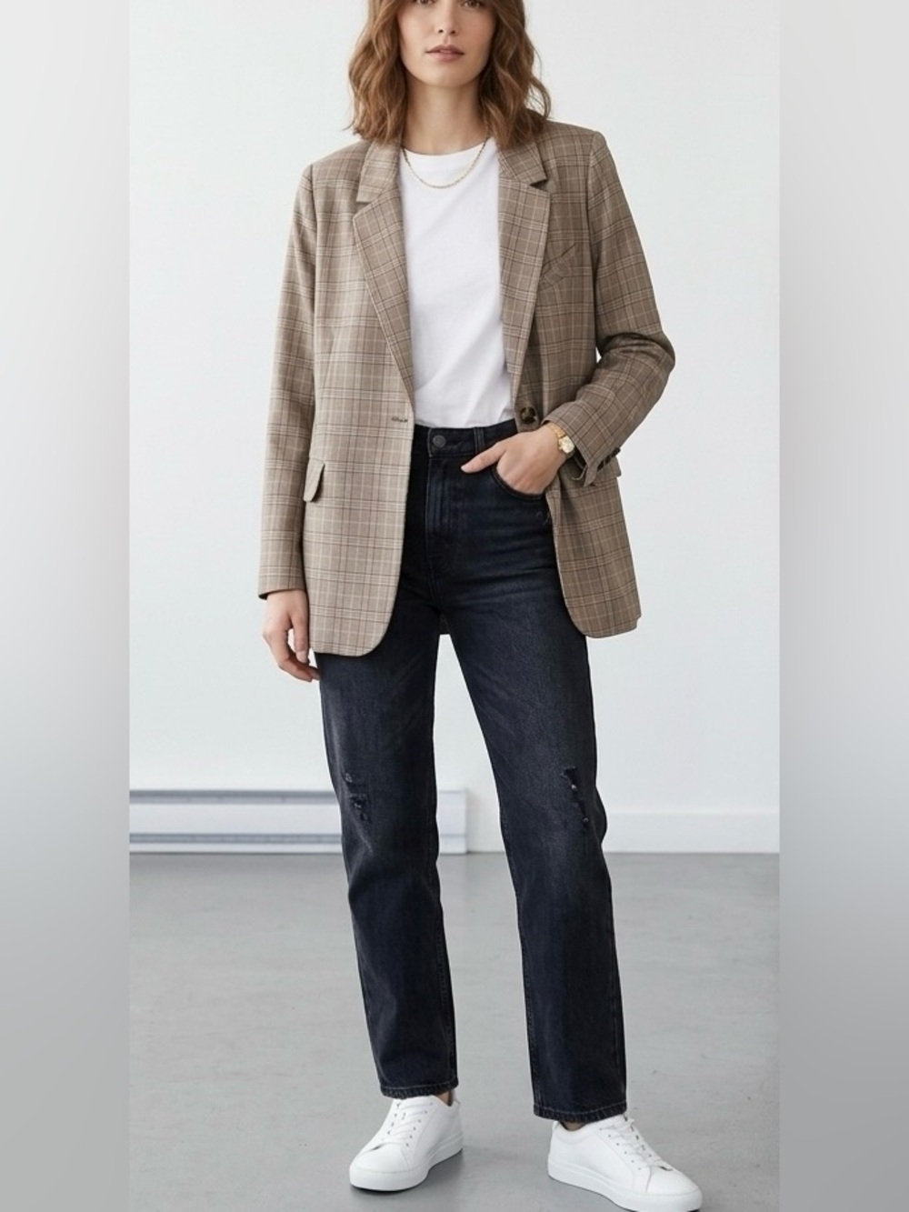 Frank & Oak Plaid Single-Button Blazer in Brown XL
